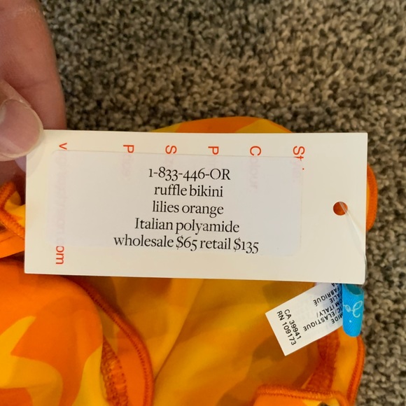 Virginia Johnson Ruffles Bikini Bottoms Lillies Orange Italian Polyamide NWT - Picture 3 of 6